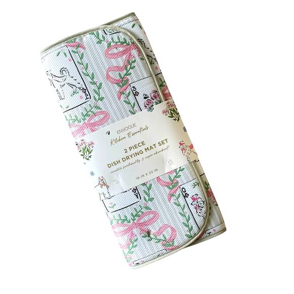 ENVOGUE Kitchen Dish Drying Mat & Towel Set of 4 Dogs & Pink Bows NEW - Picture 7 of 16